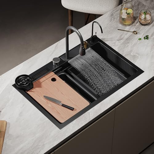 HystinKAT Küchenspüle Schwarz Edelstahl – Multifunktionales Spülbecken Küche mit Tassenspüler, Messerhalter & Auszieh-Armatur – Einbauspüle Set inkl. Schneidebrett & Ablaufgar (68 x 45 cm)