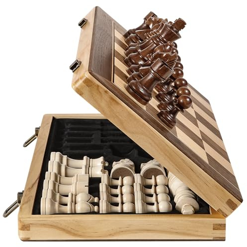 Sihaiyuan Schachspiel 38x38 cm Magnetisch Holz, Schachbrett Holz, 2-in-1 Schach & Dame, Reiseschach für Erwachsene und Kinder, Klappbares Schachspiel