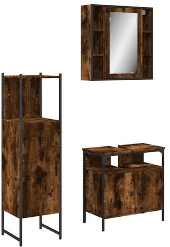 Yisssmeng 3-TLG. Badmöbel-Set in Räuchereiche – Badezimmer Möbelset inklusive Spiegelschrank, Waschbeckenunterschrank und Badschrank aus Holzwerkstoff und pulverbeschichtetem Stahl