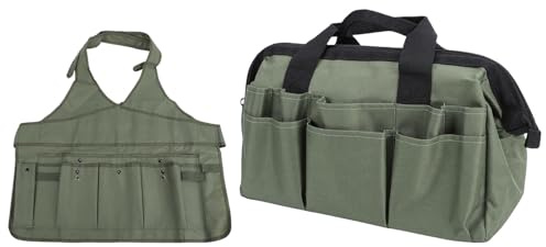FTVOGUE Set di Attrezzi da Giardinaggio in Ferro e Legno di Pino, Rastrello a Mano, Pala per Piantare, Zappa, 9 Pezzi, con Grembiule e Custodia per Piantare, Scavare, Coltivare