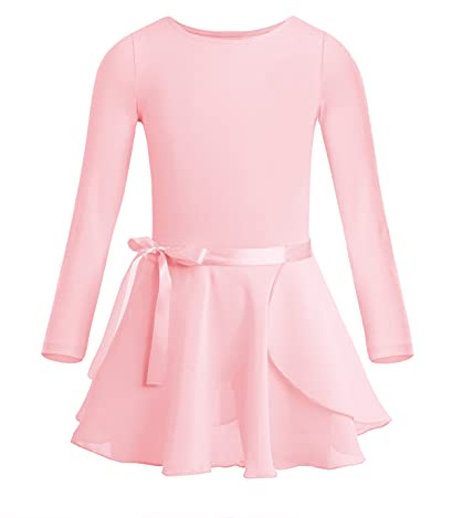 CHICTRY Ballettkleid Kinder Mädchen Langarm Tanzkleid Rundhals Ballett Body Einfarbig Turnen Trikot Mit Chiffon Wickelrock Tanzrock Wettbewerb Tanzkostüm Perle Rosa 122-128