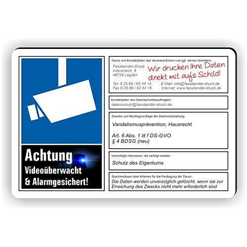 dsgvo BDSG mit Wunschtext - Videoüberwachung Schild/VÜ-017 (15x10cm SCHILD)