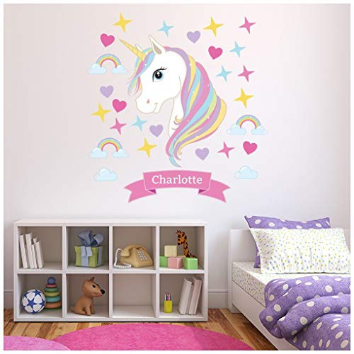 azutura Custom Name Unicorn Rainbows & Hearts Wall Sticker Personalised Kids Room Decal available in 8 Sizes Digital