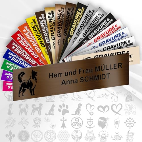Briefkastenschild – Dekoratives PVC Namensschild mit Gravur (Name, Logo oder Motiv) – personalisierbar 1 bis 3 Zeilen – selbstklebend – 10 x 2,5 cm (Metallisch Bronze + Design)