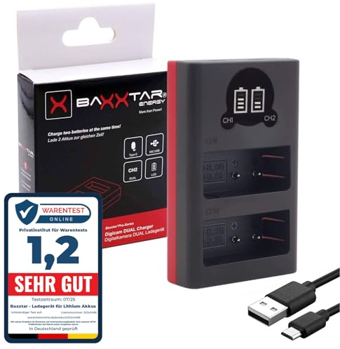 Baxxtar 18572 DMW-BLG10 E DMW-BLE9 Leica BP-DC15-E Akku Ladegerät - Mini Dual LCD mit Eingang USB-C und Micro-USB