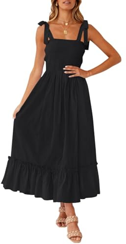 ZESICA Women's 2025 Summer Boho Spaghetti Strap Square Neck Solid Color Ruffle A Line Beach Long Maxi Dress,Black,Small