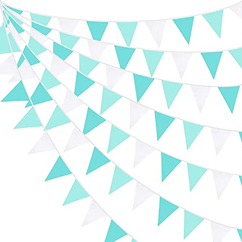Banderines de tela verde aguamarina de 10 m, decoración de fiesta, tela azul turquesa, banderín de bandera triangular para cumpleaños, boda, baby shower, guardería, verano, festivales, decoración