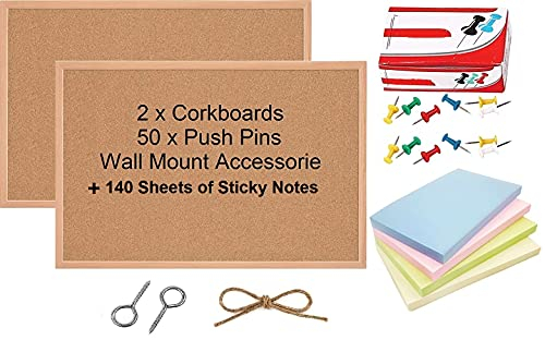 2 Pack Large Cork Pin Notice Board Bulletin Vision Boards for Home Bedroom Offices Memo Message Pictures Display Organiser Wood Frame Corkboard With 50 Push Pins + 140 Sticky Notes + Wall Mount Screws