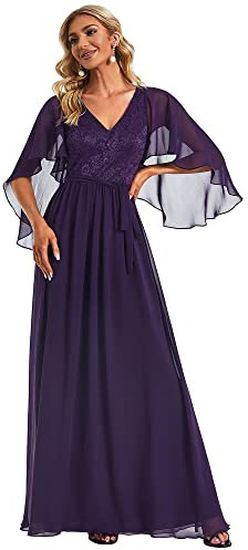 Ever-Pretty Dentelle Robe de Soirée Femme Longue Grande Taille Fluide Col V Manches Courtes à Volants Violet Foncé 38