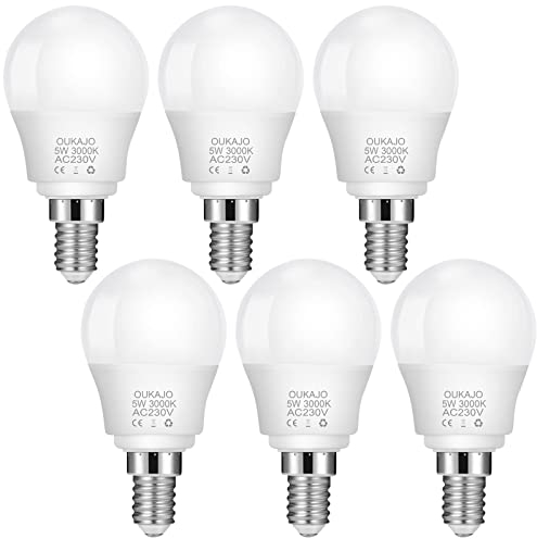 OUKAJO E14 LED Light Bulb,5W,40W Equivalent,3000K Warm White,Small Edison Screw,CRI>80,Non Flickerg,Non Dimmable,6 Pack