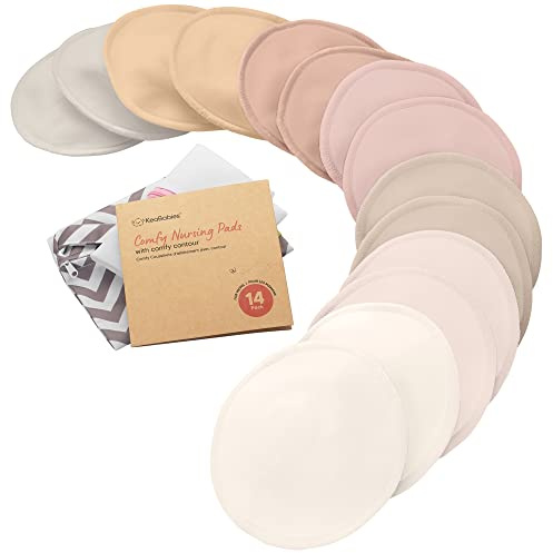 Organic Nursing Pads - 14 Washable Breast Pads for Breastfeeding, Wash Bag, Viscose Derived from Bamboo Reusable Nipple Covers for Breastfeeding Essentials, Soft & Absorbent (Neutrals, L 5)
