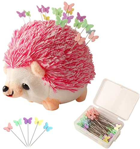 CICILIAYA Coussin à épingles en forme de hérisson, mignon kit de couture accessoires, fournitures de coussins d'aiguilles avec 100 têtes sphériques colorées en tissu droit pour loisirs créatifs (rose)