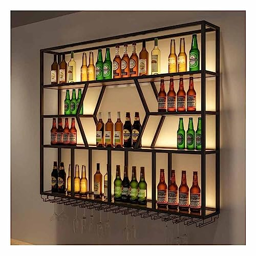 Artiz Wall Mounted LED Wine Rack, Bottle & Glass Holder Metal Floating Shelves Upside Hanging Goblet For Home, Restaurant, Bars (Color : Black-B, Size : 150x20x125cm)