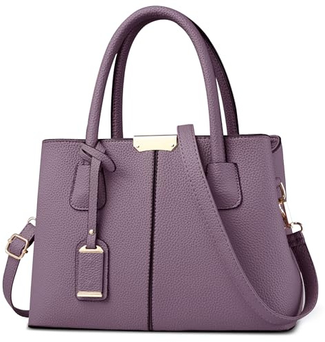 FOLOVEYA Dunkelviolett Handtasche Damen Mode PU-Leder Tasche mit Anhänger | Elegante Große Henkeltasche, Damen Schultertasche mit mehreren Fächern, Umhängetasche mit Gurt für Alltag Arbeit Reisen