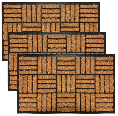 Coco Coir Door Mat with Rubber Backing Floor Mat Non Slip Outdoor Mat Dirt Scrapper Removes Grass & Dirt for Front Door, Patio & Entrance (PACK OF 3, 45 x 75 cm)
