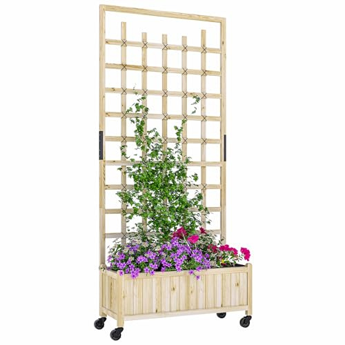 Outsunny Wooden Trellis Planter, Raised Beds for Garden with Wheels and Drainage Holes, Privacy Screen Planter Box to Grow Vegetables, Herbs and Flowers for Garden, Patio, Deck, Natural