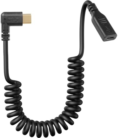 CERRXIAN Coiled USB Type C Extension Cable,90 Degree Angle USB-C Male to USB-C Female Spring Spiral Fast Charger Cable Stretched 4FT/1.2M (Right)