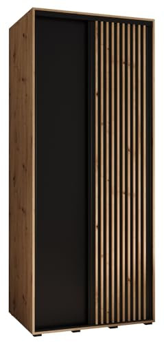 MEBLE KRYSPOL Lanko 1 Schrank mit Zwei Schiebetüren mit Stange, Regale - Moderner Aufbewahrungsschrank für Schlafzimmer, Wohnzimmer - 235,2x100x60 cm - Artisan Schwarz Artisan