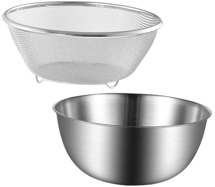 Scolapasta in acciaio inossidabile 304 con ciotola, per lavare riso, insalata, colino, insalata, colino per riso, scolapasta per lavare frutta e verdura (ciotola argentata, 22 cm)