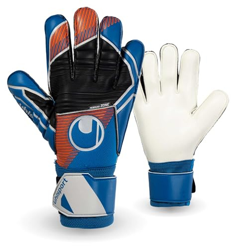 uhlsport Fußball Torwarthandschuhe für Kinder und Erwachsene, Soft Pro - atmungsaktive Fussball Torhüter-Handschuhe mit Handgelenkfixierung und herausragendem Grip, blau/orange/weiß, Größe 5-11