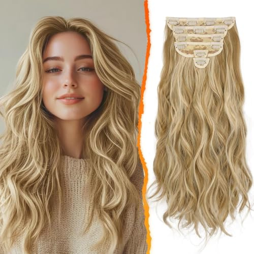 BARSDAR Clip in Extensions, 6PCs Wellige Highlight Haarverlängerungen Für Frauen - 50CM Dickes Natürliches Weiches Synthetisches Clip in Haarteile - Glodenblond mit Highlights