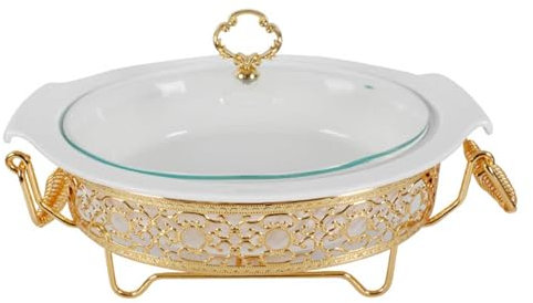 SUPBEI Chafing Dish-Buffet-Set aus Edelstahl Weißer Keramik-Chafer mit Glasdeckel Chafer- und Buffet-Wärmer-Set, Warmhaltetabletts für Buffets, Hochzeiten, Partys, Bankette,Gold-Medium