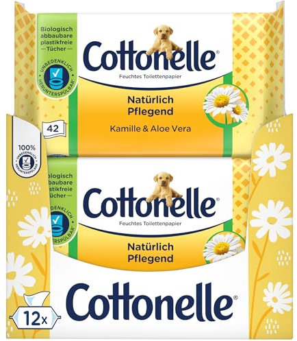 Cottonelle Carta igienica umida, naturale nutriente, camomilla e aloe vera, biodegradabile, senza plastica, richiudibile, confezione conveniente, 12 x 42 salviettine umidificate