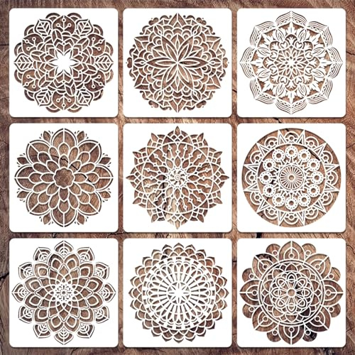 Yosugar Malschablonen, 9 Stück Mandala-Schablonen, wiederverwendbar, Mandala-Muster, Malerei, Schablonen-Set, für Scrapbook, Wände, DIY Dekoration (9 Stück Mandala-Schablonen)