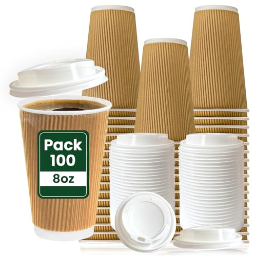ECONX 100 Pack 8oz Takeaway Coffee Cups with Lids Triple Walled Ripple Disposable Coffee Cups Insulated Brown for Hot and Cold Drinks Coffee Paper Cups for Coffee Tea