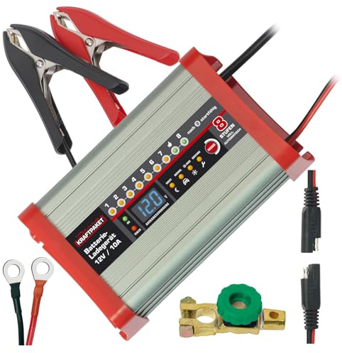 Bundle aus Dino KRAFTPAKET, 10A-12V intelligentes und automatisches Batterieladegerät (Für Blei-Säure, Gel, EFB, AGM-Batterie) und Batterie Trennschalter, Für Wohnmobil, Campervan, Wohnwagen, Auto