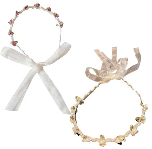 MisFun 2 Stücke Blumen Haarreif, Dirndl Haarreif Blumenkranz Haare, Haarreifen Blumen Mit Band, Blumen Haarreifen Damen, Blumenstirnband Damen Mädchen Kopfschmuck mit Blüten, für Hochzeit Mottoparty