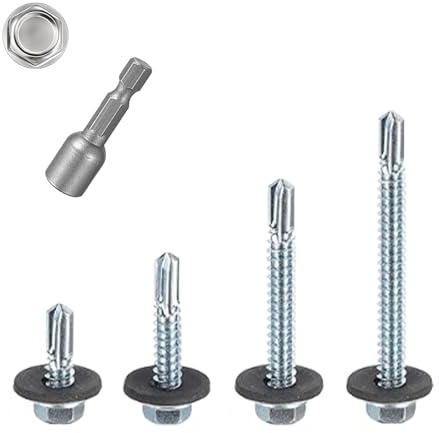 Lot de 105 vis autoperceuses à tête hexagonale M5.5 avec rondelle d'étanchéité en caoutchouc et douille hexagonale, kit de vis de toit en métal pour bois métallique – 19/32/45/60 mm