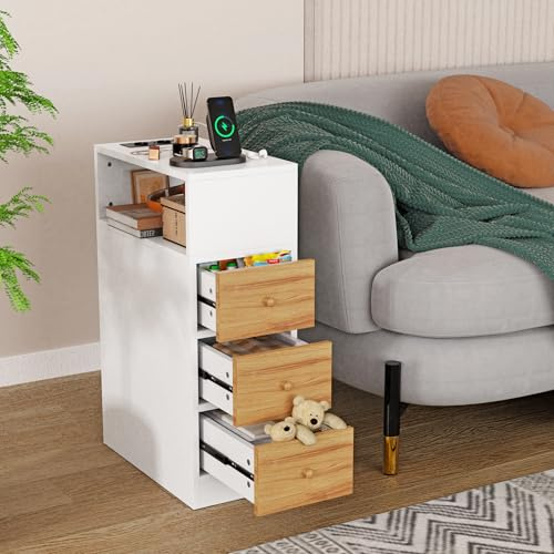 Set di 1 Comodino Stretto con Prese e Porte USB, Tavolino da Divano in Legno, Comodini Camera da Letto Stretto, Comodino Salvaspazio con 2 Casset e 1 Scomparti Aperti, 25x45x70 cm, Bicolore