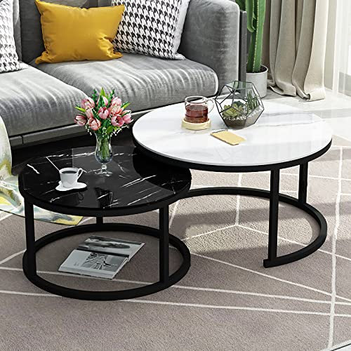 Satztisch-Set mit Glasplatte in Marmor-Optik, stilvoller weißer runder Metallrahmen, stapelbarer Couchtisch, ideal für Lounge-Dekoration, Heimbüro oder Wohnzimmerdekoration