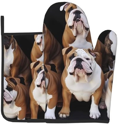 Ofenhandschuhe und Topflappen, Motiv: Englische Bulldoggen, 2 Stück, hitzebeständiges Ofenhandschuh-Set, rutschfeste Topflappen, Küchenofenhandschuhe und Pad zum Backen, Kochen, Grillen, Grillen