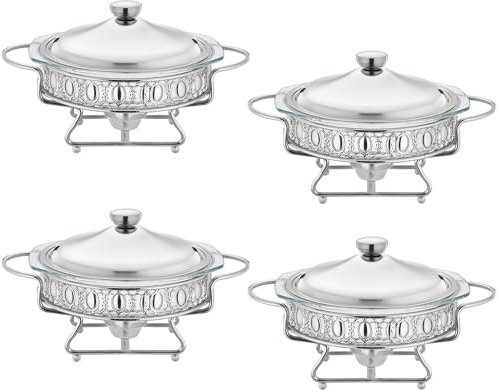 Chafing Dish Buffet Set 4Pack - Round Gold Buffet Warmer Chafers with Glass Trays for Parties, Weddings, Dinners - Silver Buffet Warmers Sets