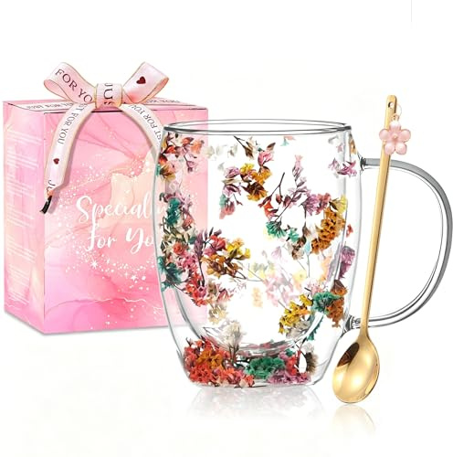 Gåvor för kvinnor torkade blommor dubbelvägg glas kaffemuggar söta glas tekoppar med handtag höst mugg jul födelsedagspresenter till bästa vänner lärare mamma gåvor nytt hem presentidéer heminredning