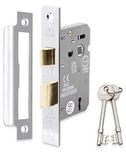 Infinity Decor Fire Rated Polished Nickel 3 Lever Mortice Sash Lock CE Approved Key Security Door Latch 65mm for Internal and External Doors
