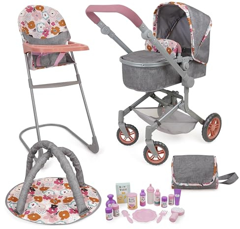 509 Crew 19 Piece City Park Doll Pram n Play Set, Multi Play Doll Pram Stroller, High Chair, Activity Gym, Changing Bag, 15 Piece Accessory, for Dolls 53cm, for Kids Ages 3+