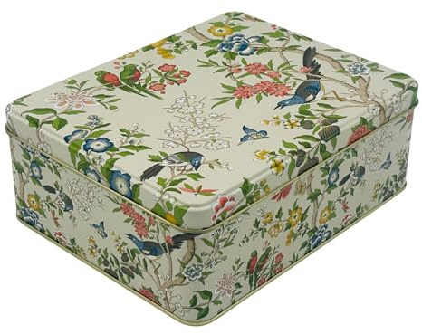 MediMuc Caja de regalo de diseño Sanderson – Caja de almacenamiento rectangular con diseño de flores y pájaros – Lata para galletas – Dimensiones: 19,5 x 15,4 x 7,5 cm (largo x ancho x alto)
