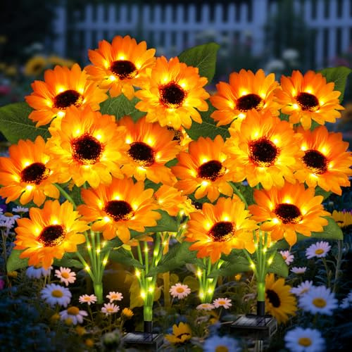 Solar Garden Lights 4 Pack 24 Solar Sunflower Lights, Gifts for Mom Women Grandma Mothers Day Birthday, Waterproof Solar Flower Light for Outdoor Decoration, Decorative Stakes for Yard,Landscape,Patio