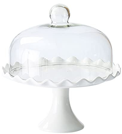 Alzata per Torta da 11,8 Pollici in Porcellana con Coperchio a Cupola in Vetro, Supporto per Cupcake con Piedini in Ceramica, Vassoio Rotondo per Dessert, per Snack, Biscotti, Frutta, espositore (BIA