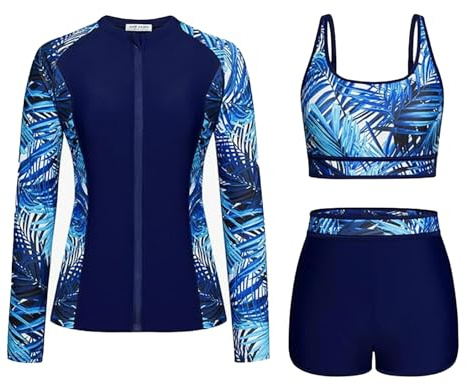 Generisch Badeanzug Mädchen Kinder Badebekleidung Bikini 3-teiliges Rashguard-Badeanzug-Set für Damen langärmelig mit Boyshorts Push-Up-Bikini-Sets Nylon Anzug (Navy 12-13 Years)