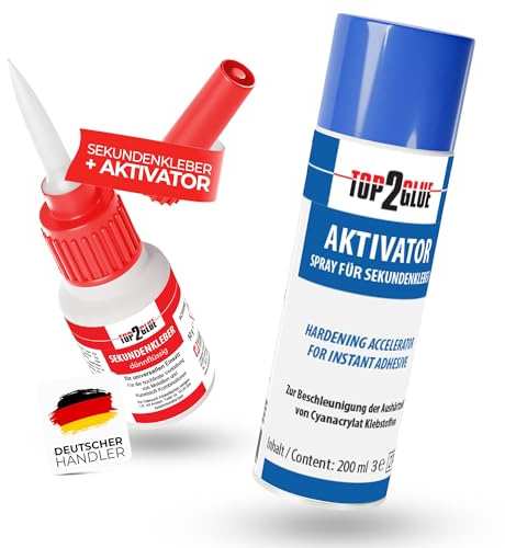 Top2Glue XXL Aktivator Sekundenkleber extra stark wasserfest + temperaturbeständig - Cyanacrylat Alleskleber Set 50g Kleber + 200ml Spray für Metall, Holz, Glas, Gummi, Kunststoff, Modellbau (dünn)