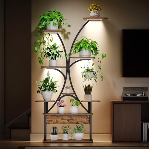 Hzuaneri Support Plantes avec Lumière de Croissance, Support de Fleurs à 9 Niveaux avec 4 Lampes LED R-G, Couleur et Timing Réglables, pour Salon, Balcon, Jardin, Marron Rustique et Noir, PS16001B