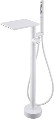 Wmmner Shower Head Freestanding Taps for Bath Floor Mounted, 2 Mode Hand Shower Waterfall Faucet Brass Floor Standing Bath Mixer Tap Floor Mount Bath Tap, White