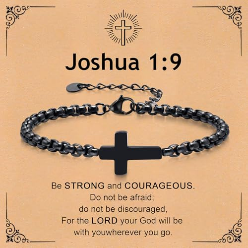 XUANPAI Cross Chain Bracelets for Men Son, Black Stainless Steel Cross Charms Men's Bracelet, Faith Religious Catholic Christian God Jesus Communion Baptism Jewelry Gift with Card