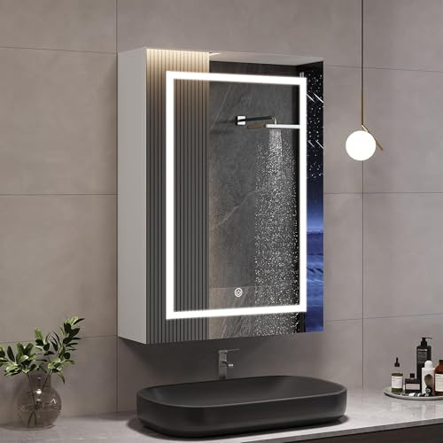 Lietre Spiegelschrank Bad mit Led Beleuchtung, Badezimmer Spiegelschrank mit Verstellbaren Ablagen, Hängeschrank Badschrank mit Spiegel, 3 Farbtemperatur Dimmbare (50x15x70cm)