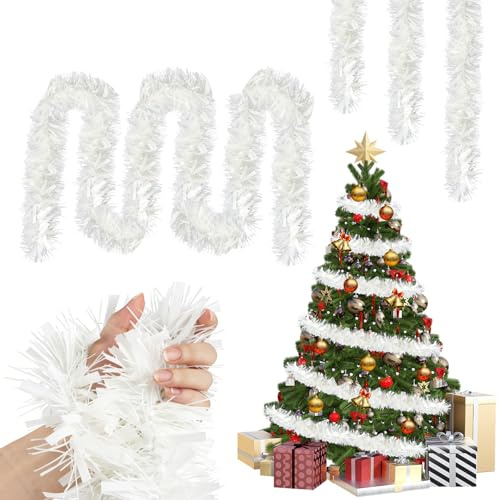 39.37 Fuß Schneegirlande Kunstgirlanden Weihnachten 4pcs Weihnachtsgirlande 3m Weihnachtsgirlande Outdoor Klein Christbaumkette Glitzer Girlande Lametta Girlande Weiß Lametta Tannenbaum (Weiß)