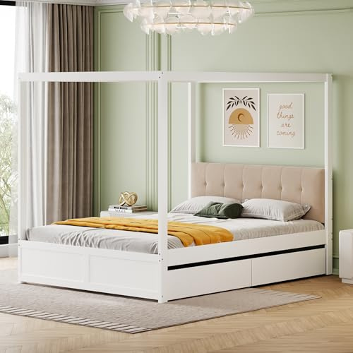 NADEUSAK Himmelbett 140x200cm Holz, mit großen Schubladen und weicher Rückenlehne Weiß